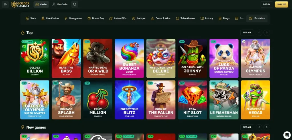 Goldex Australian pokies lobby with category navigation and representative game tiles