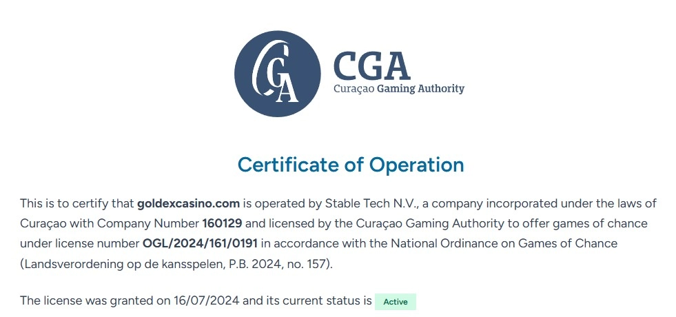 Official Curaçao Gaming Authority certificate for Goldex Casino and Stable Tech N.V.