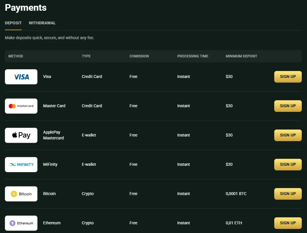 Goldex official payments page showing supported payment method categories
