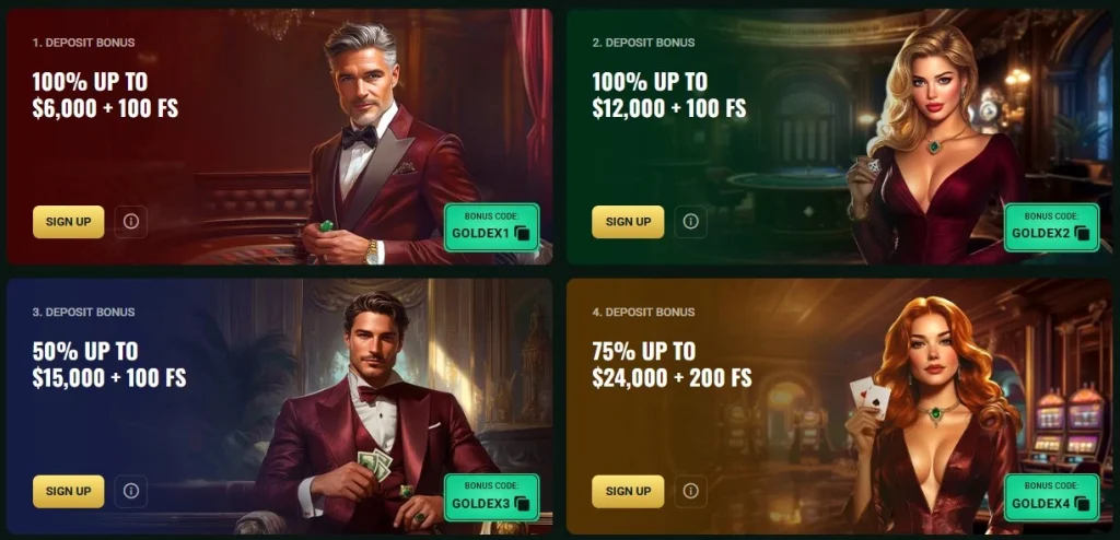 Goldex AU promotions page showing the four welcome bonus cards