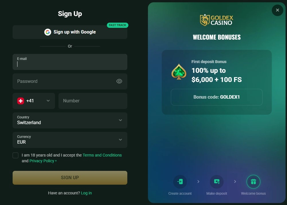 Goldex registration or account-entry interface shown before personal information is entered