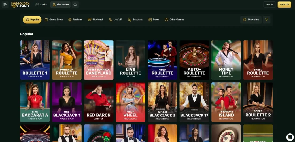Goldex Australian live casino lobby showing category navigation and representative live tables