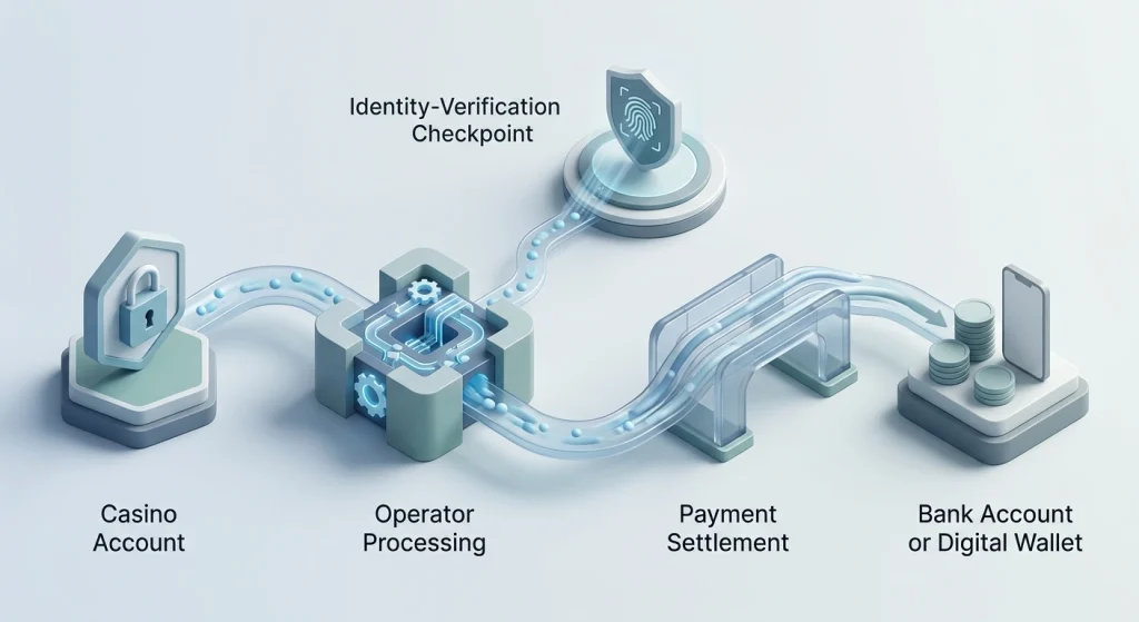 Editorial illustration of a withdrawal request moving through casino processing, verification and payment settlement