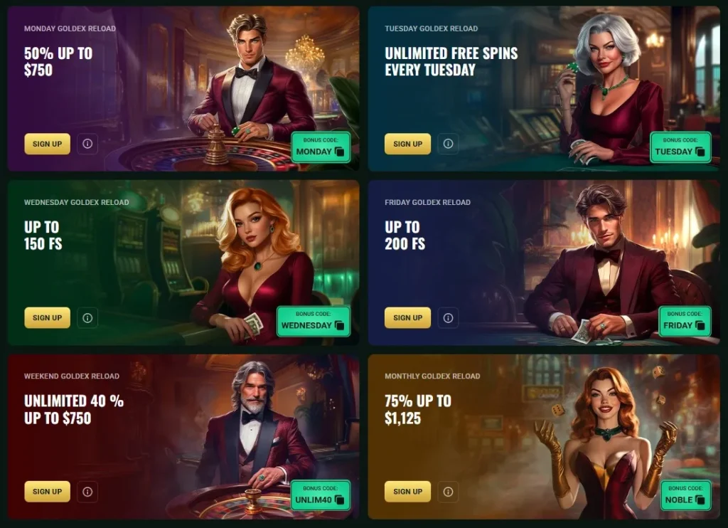 Goldex AU promotions page showing reload and recurring offer cards