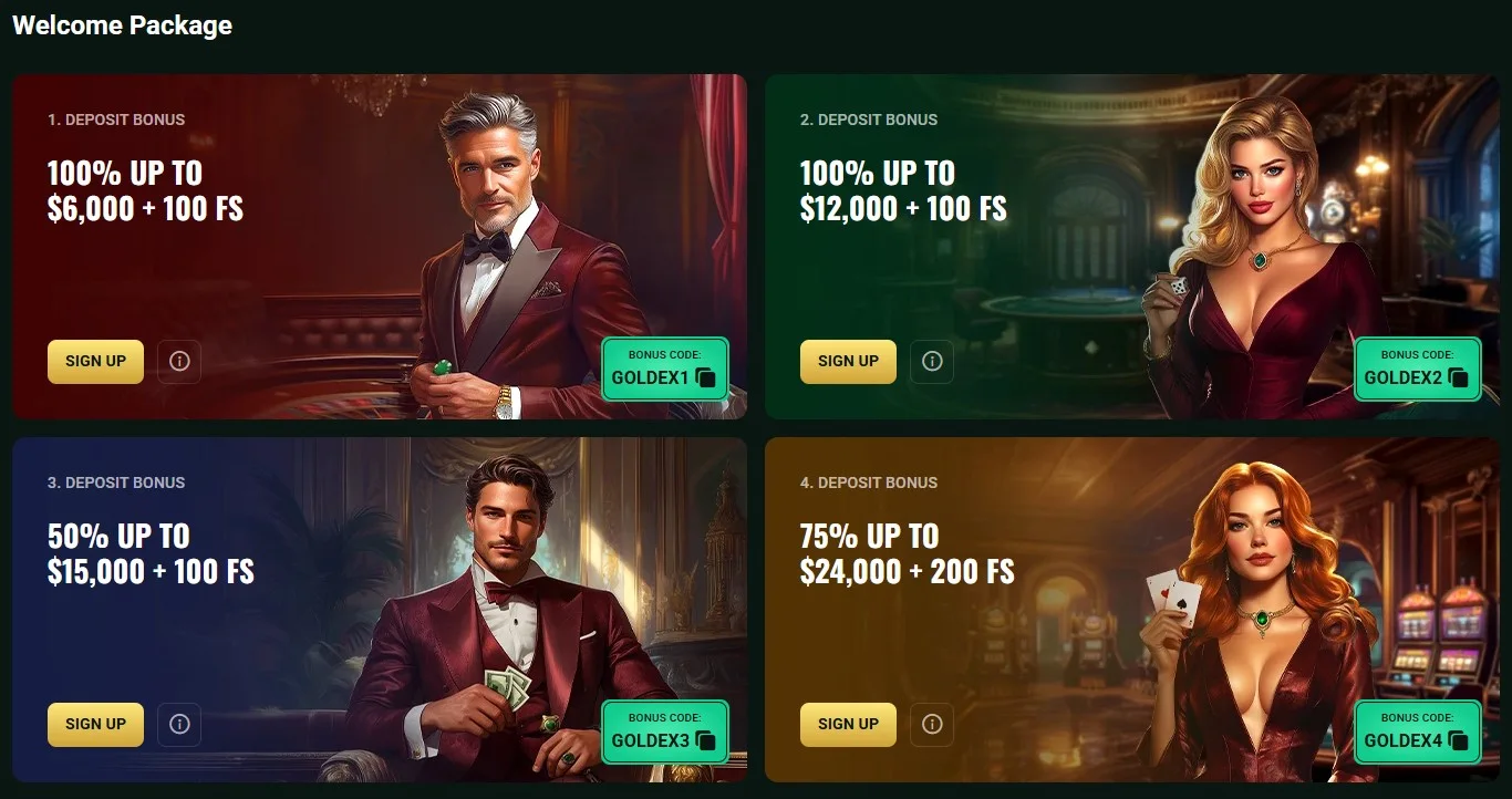 Goldex Casino Australia promotions page with four welcome deposit stages